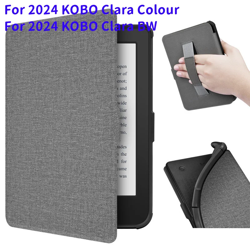 Smart Case For Kobo Clara Colour / Clara BW 2024 / Clara 2E 2022 Soft TPU Back Auto Sleep/Wake-up With HandStrap Magnetic Cover