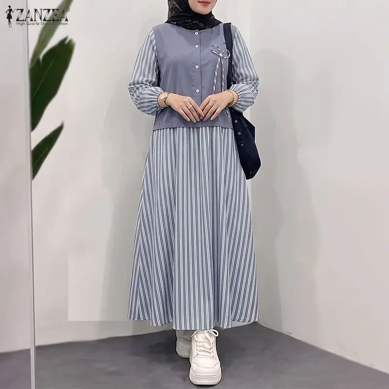 ZANZEA Muslim Women Maxi Dress Patchwork Striped Long Sleeves Bow Detail Abaya Robes Islamic Hijabis Modest Ramadan Eid Kaftan