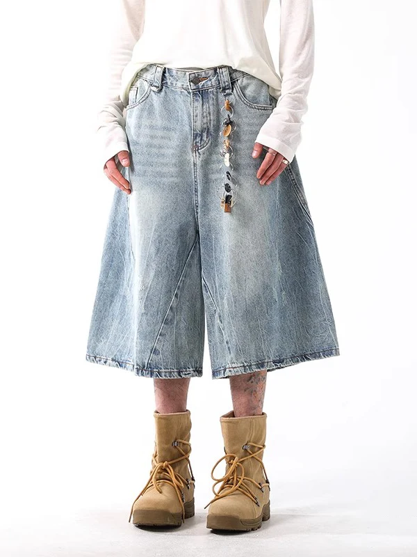 

Ретро-джинсы в американском стиле, мужские летние универсальные широкие джинсы-капри с узором, повседневные свободные джинсы