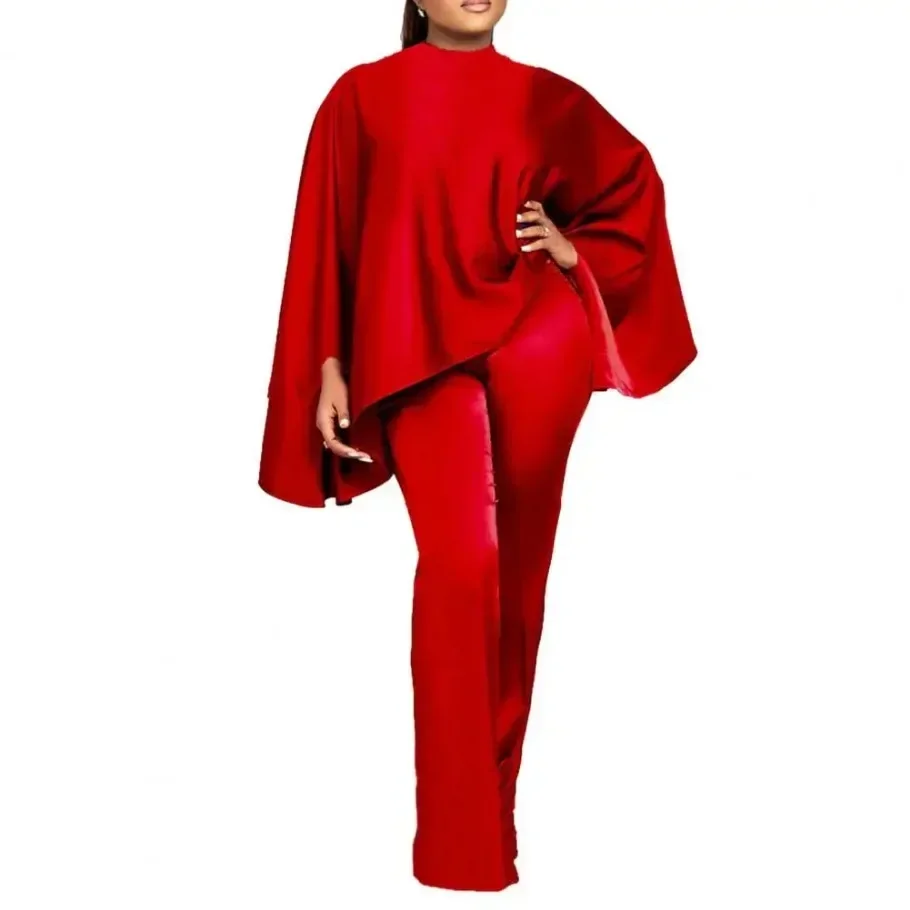 2Pcs/Set Women Faux Satin Outfit O-Neck Long Batwing Sleeve Loose Tops High Waist Long Pants Set Solid Color Elastic Outfit