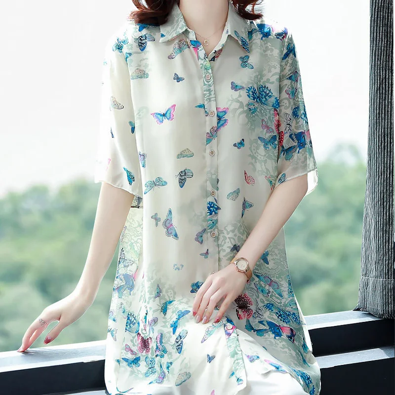 Summer New POLO Collar Fashion Short Sleeve Shirt Women High Street Casual Loose Button Cardigan Printing Mid-length Chic Tops