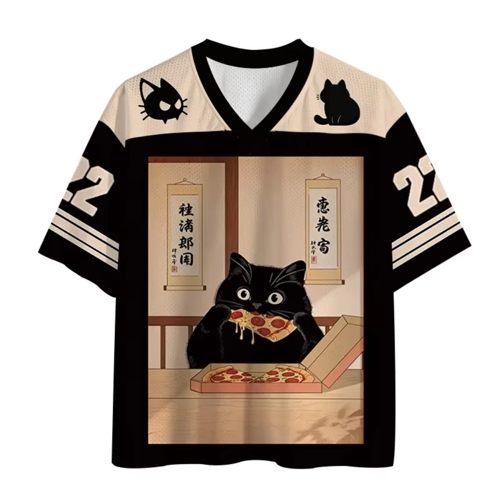 Black Cat Pizza Pattern 3D Print Sport Quickdry Breath Men V-neck Plus-sizeT-Shirt Outdoor Street Casual  Y2K Parent-Child Cloth
