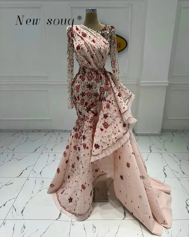 Luxury Pink Heavy Beading Asymmetry Wedding Evening Dresses Customized Dubai Long Sleeves Gorgeous Pageant Events Party Gowns
