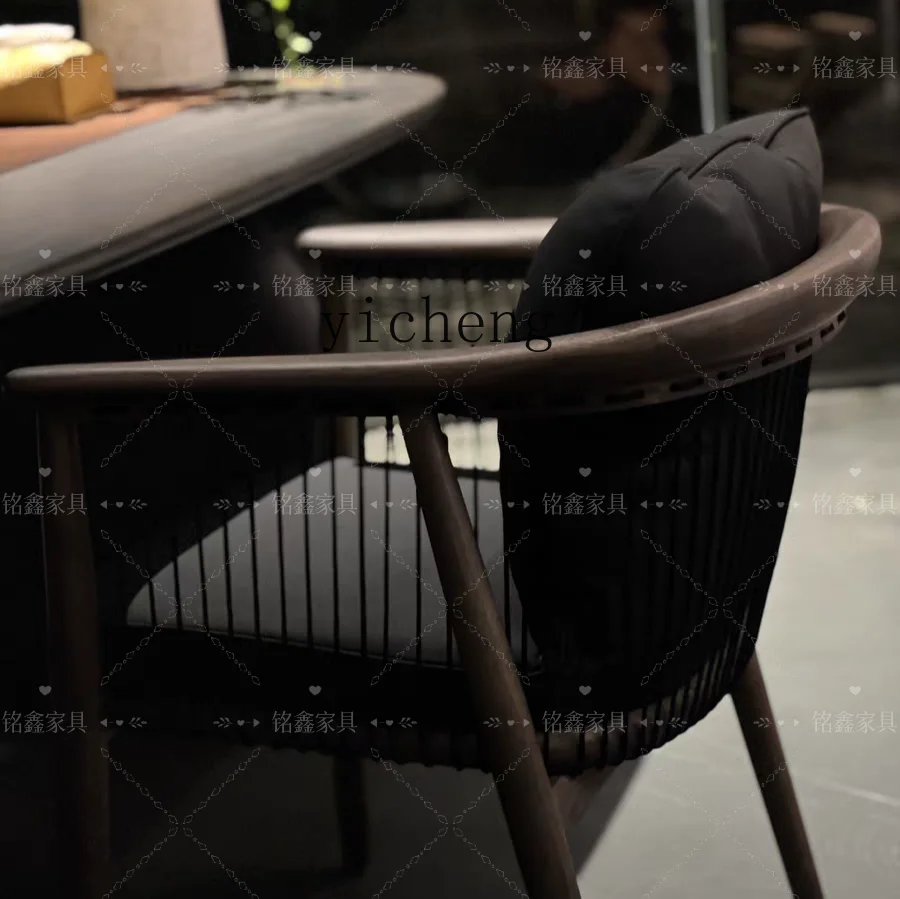 LSL French Retro Solid Wood Backrest Dining Chair Italian Light Luxury Black Walnut Wabi-Sabi Style Tea Chair