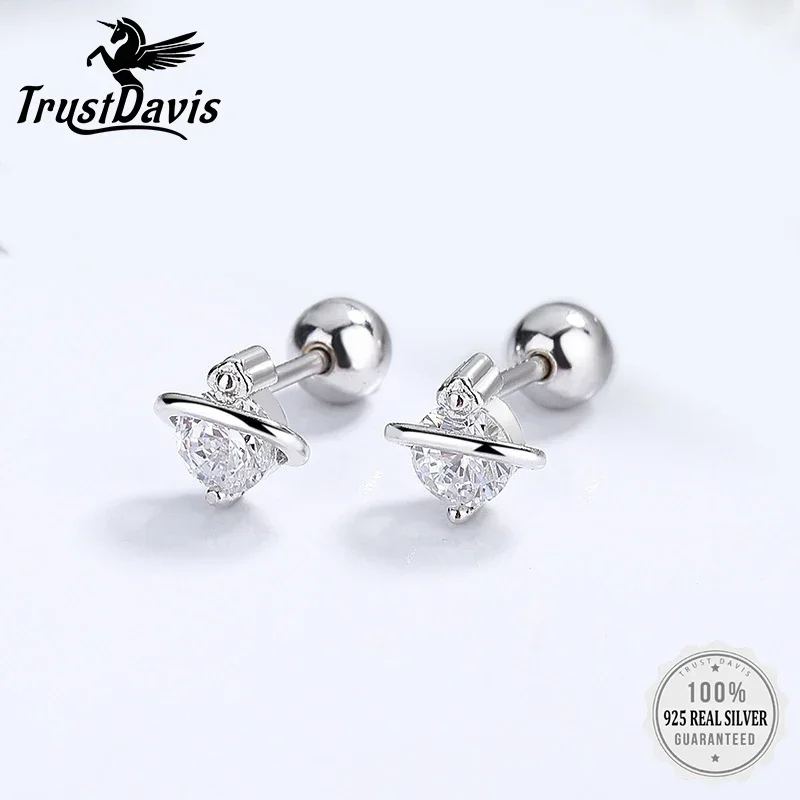

TrustDavis Real 925 Sterling Silver Sweet Planet Shiny CZ Screw Stud Earrings for Daughter Girls Gift Fine Jewelry DG0019