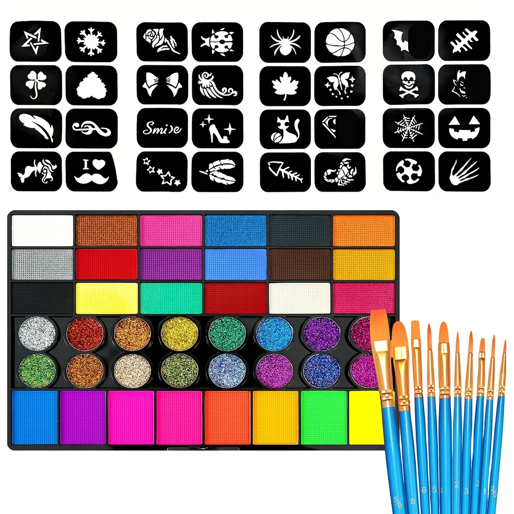 42 Colors Face Body Paint Palette Kit 24 Stencils Glitter Metallic Makeup Set With 10 Brushes Halloween Party Cosplay Art