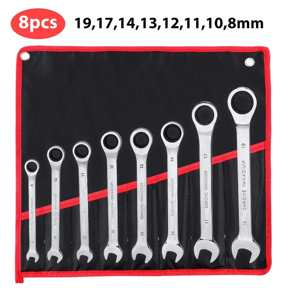 8PCS Fixed Head Ratchet Wrench Set 72 Teeth Dual Direction Chrome Vanadium Steel Metric Spanner For Auto Repair Hand Tools Kit