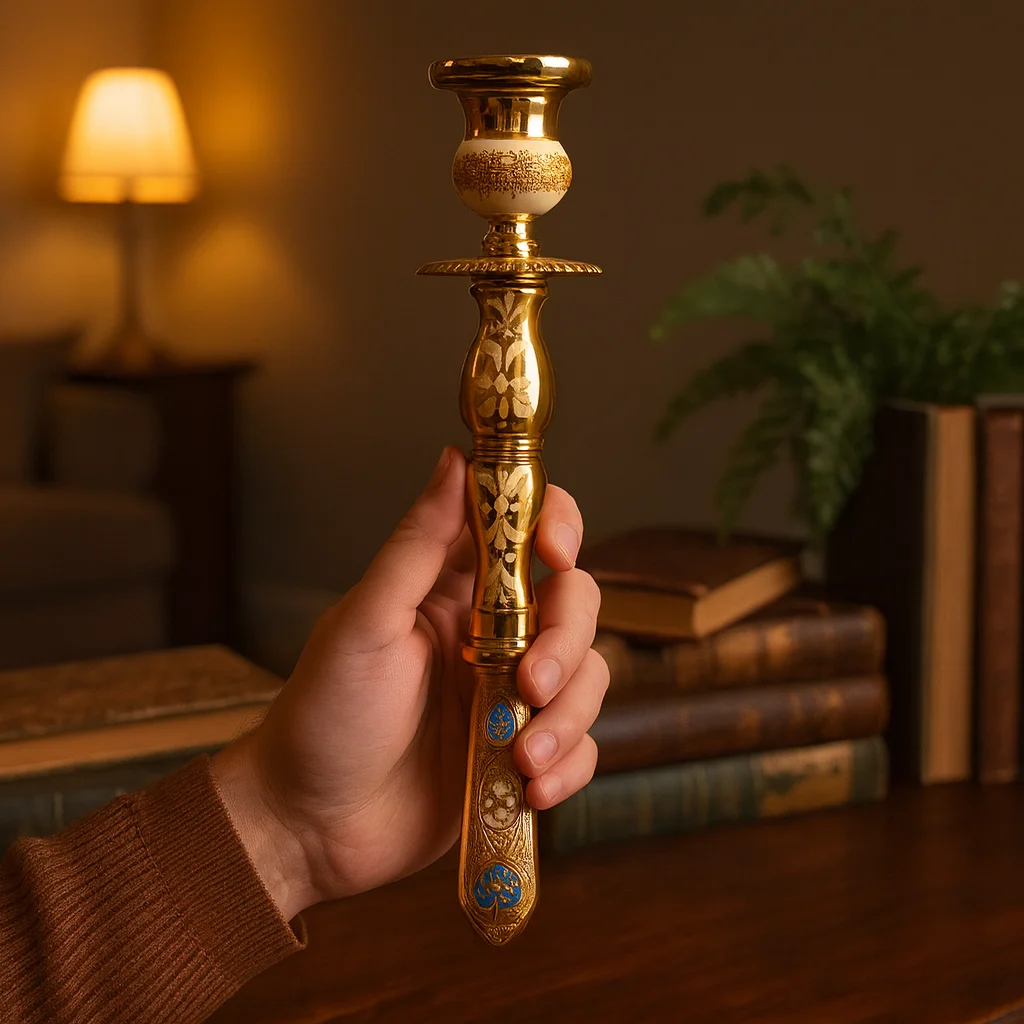 

HTISOK Ornate Gold Plated Orthodox Christian Handheld Candle Holder Liturgical Church Candle Stand with Intricate Carvings