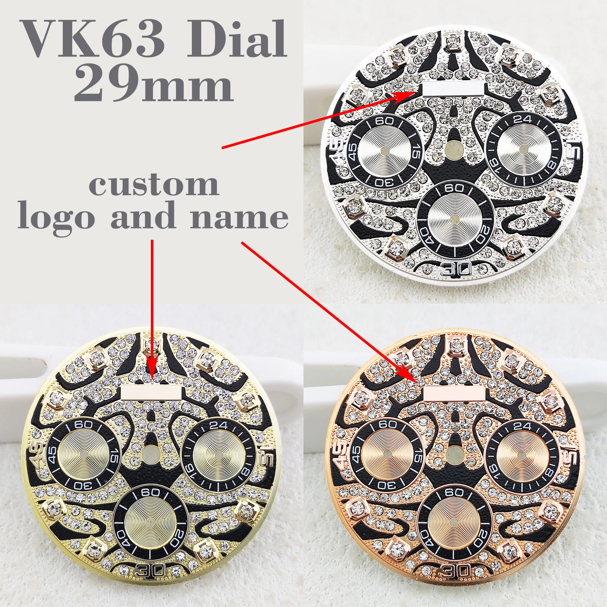 29mm watch dial VK63 dial Tiger pattern gemstone style dial Watch upgrade accessories Suitable for VK63 movement DIY custom name