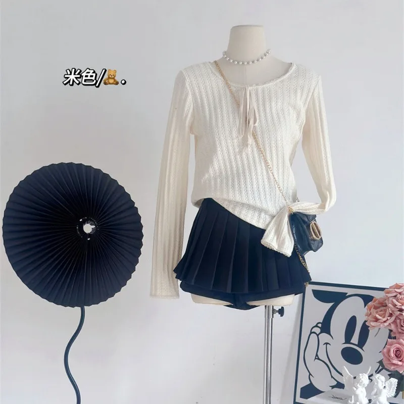 

Women Autumn Winter Korean Fashion Drawstring Solid Color O-neck Women Clothes All-match Slim Pullovers Long Sleeve O-neck Tops