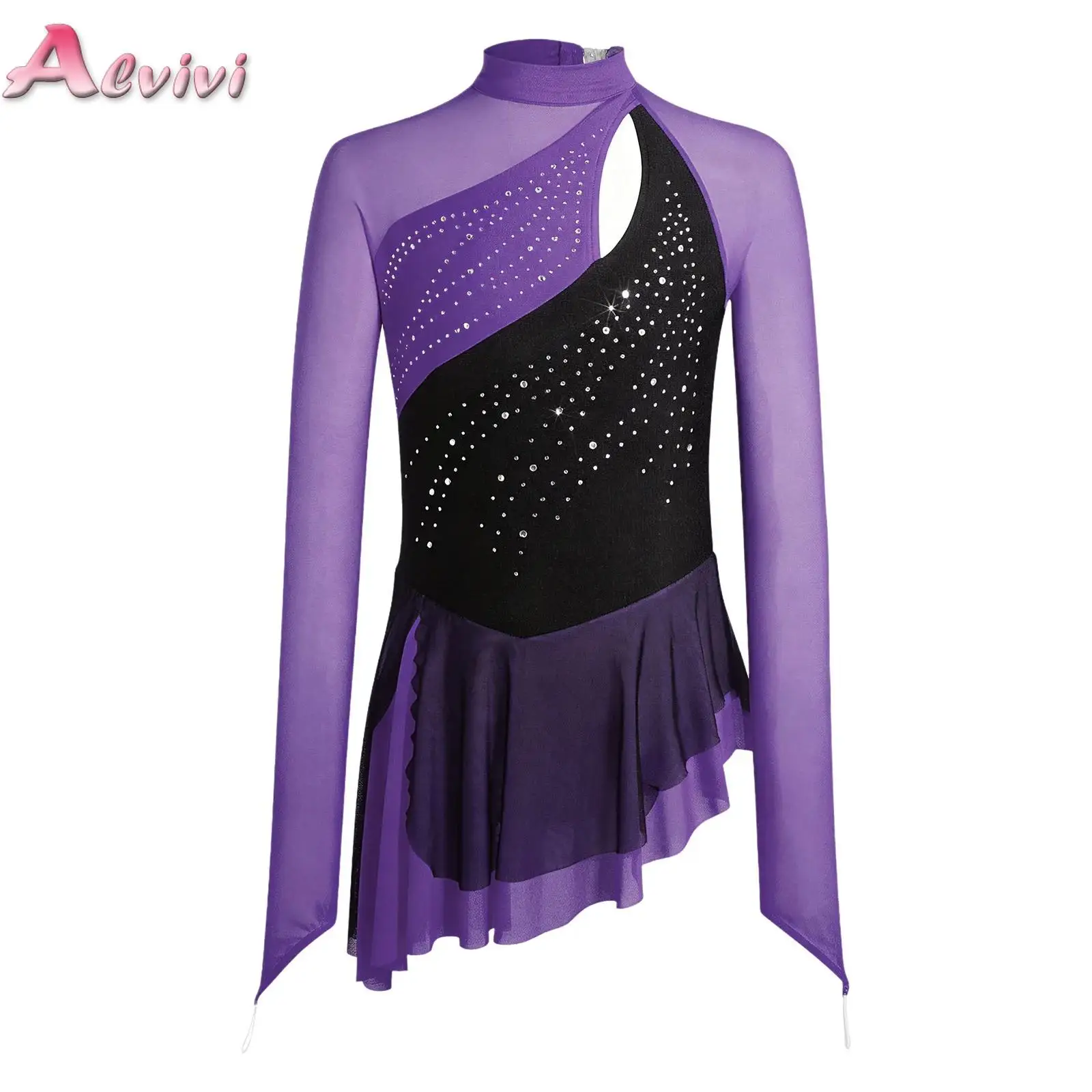 Girls Figure Ice Skating Ballet Dress Lyrical Dance Tutu Gymnastics Skirted Leotards Rhinestone Dancewear with Built-in Briefs