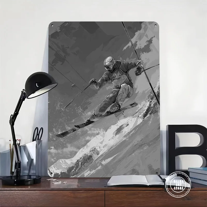 Skier in Mid-air Over Snowy Mountains Poster Retro 3D Printed Metal Signs Customized Wall Hanging Gift for Room Decoration Cozy