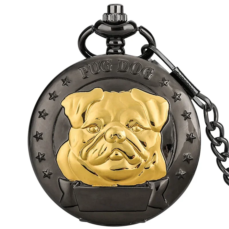 Steampunk Black Engraved Golden Pug Dog Design Roman Number Display Quartz Pocket Watch for Men Women Long Chain Timepiece Gift