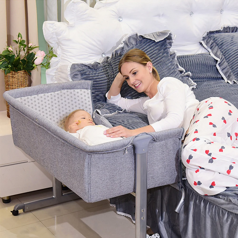 Cuna para bebé, Cuna para dormir junto a la cama, Cuna con colchón para recién nacido, Altura ajustable, Fácil de adaptar a la cama de los padres, Patas ajustables