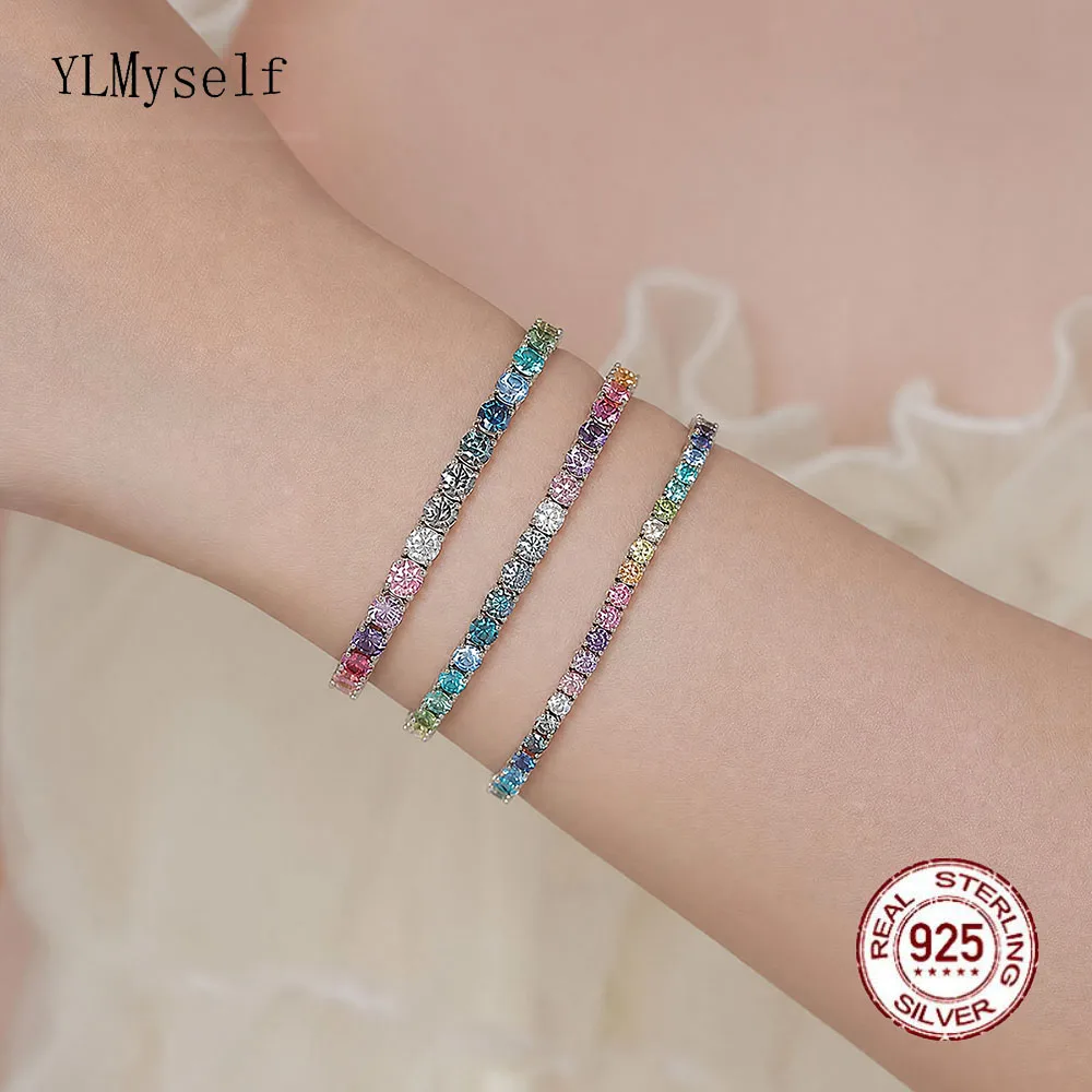 YLMyself 925 Silver Moissanite Tennis Bracelet 3-6.5mm Rainbow CZ Chain Fine Jewelry Gift