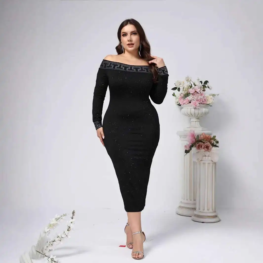 

Women's Plus Size New Sexy Temperament One Shoulder Long Sleeved Slim Fit Rhinestone Wrapped Hip Dress Elegantes Casual Y2k