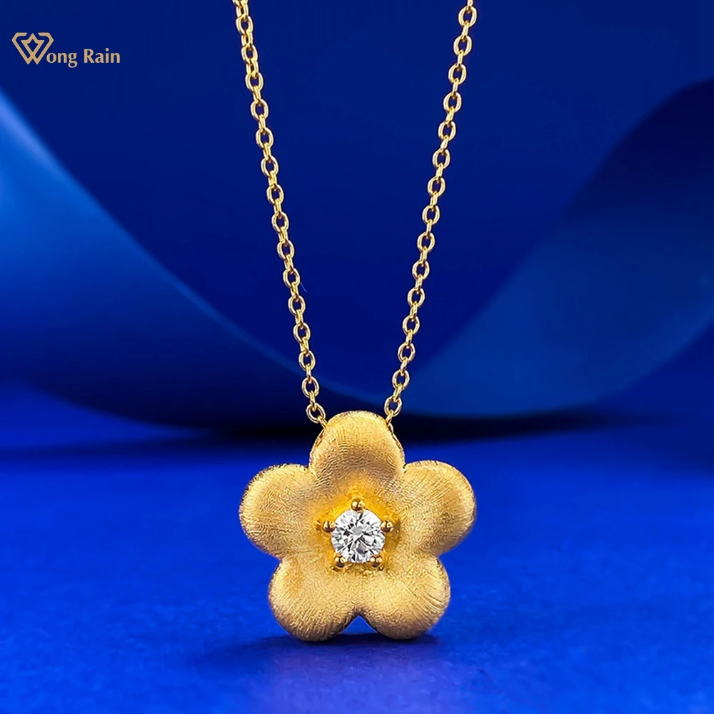 Wong Rain Vintage 18K Gold Plated 925 Sterling Silver Round Cut Lab Sapphire Gemstone Flower Pendant Necklace Fine Jewelry Gifts