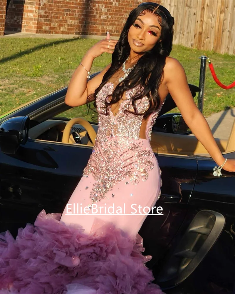 Luxury Pink Prom Dresses For Black Girls 2025 Rhinestone Mermaid Crystal vestido de graduación Sheer Neck Party Dress Customized