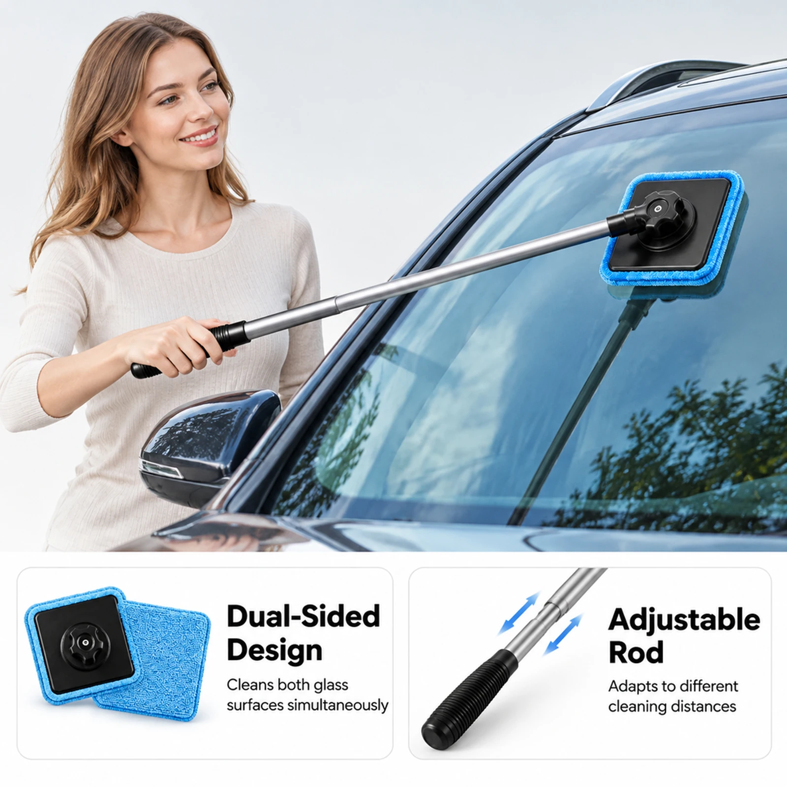 Magnetic windscreen cleaning brush, double-sided cleaning with adjustable handle and replaceable cloth cover, removes grease