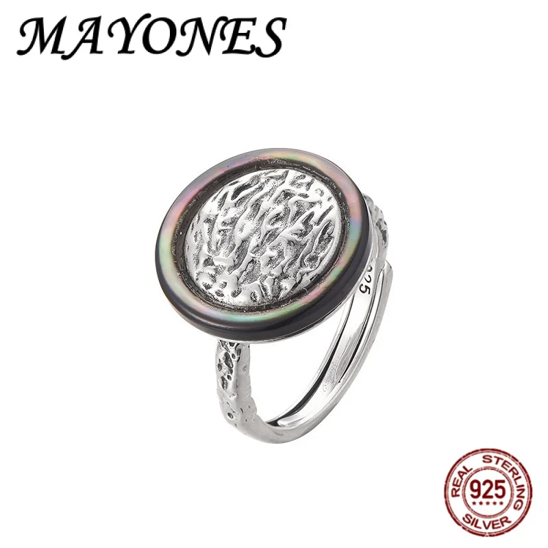 

NEW S925 Pure Silver Original Design Irregular Texture Pattern Circular Black Shell Opening Ring For Women's Gift