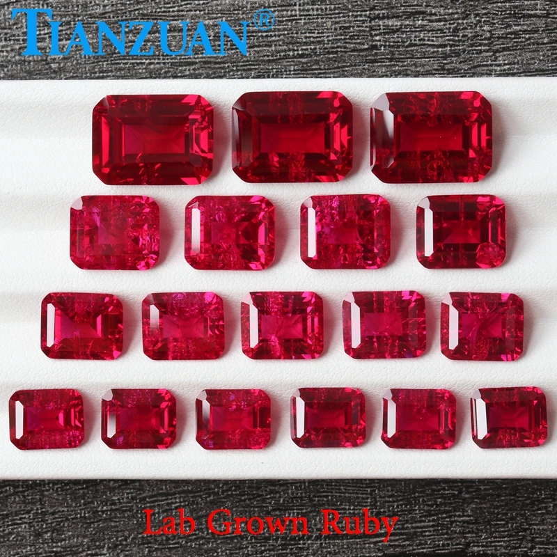 Lab Grown Ruby Gemstone Red Color Rectangle Shape Emerald cut Stone Artificial Ruby Stone With Inculsions Loose  Gemstone