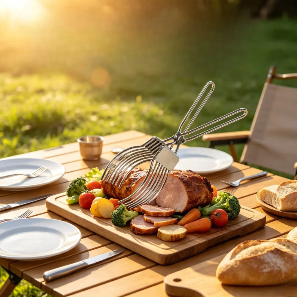 Camping Cooking Meat - 1個入りステンレス製BBQミートトング、頑丈で人間工学に基づいたキッチンフードクリップ、肉やハム、パン用の多機能グリルトング、家庭用キャンプやアウトドアグリル用の食品安全な調理ツール