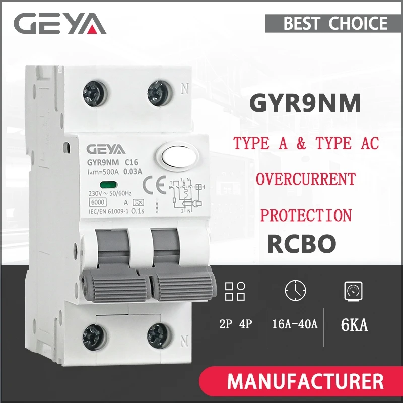 GEYA GYR9NM Tipo A RCBO 2P 4P Interruttore automatico magnetico con protezione da sovracorrente e perdite Guida Din 16A 40A Tipo AC
