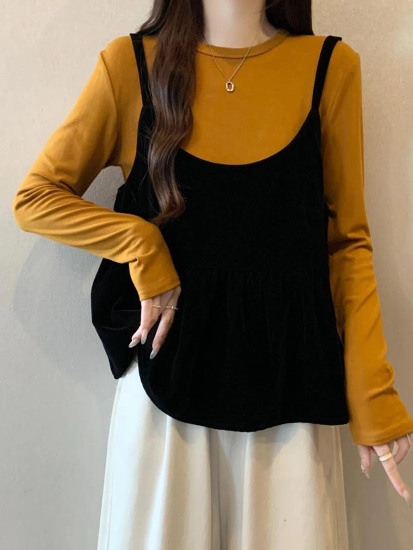 

plus Size Women's Early Autumn Velvet Csole Tank Top Long Sve Base irt Two Piece Set Faionable Anti-Aging Wear