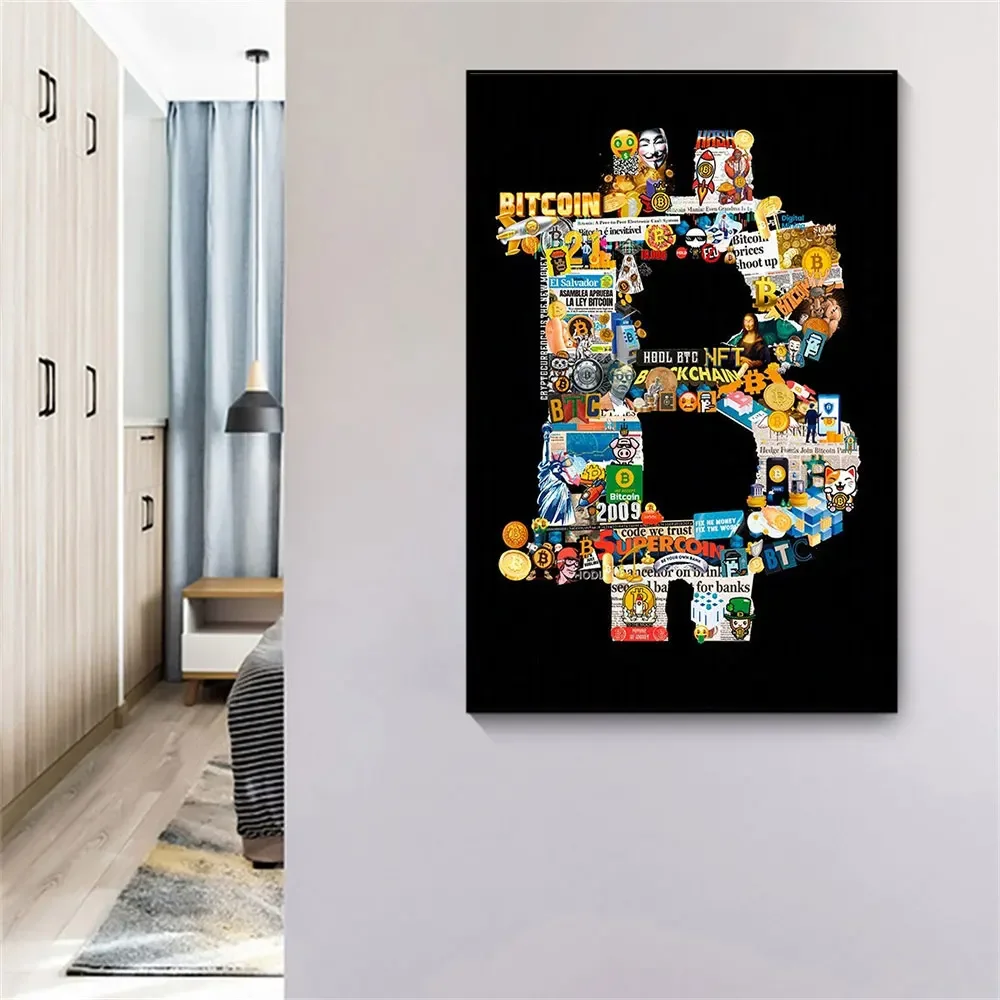 Classic Abstract Wall Art, Graffiti Patchwork Bitcoin Cryptocurrency, Printed Poster, Home Living Room Bedroom Decoration