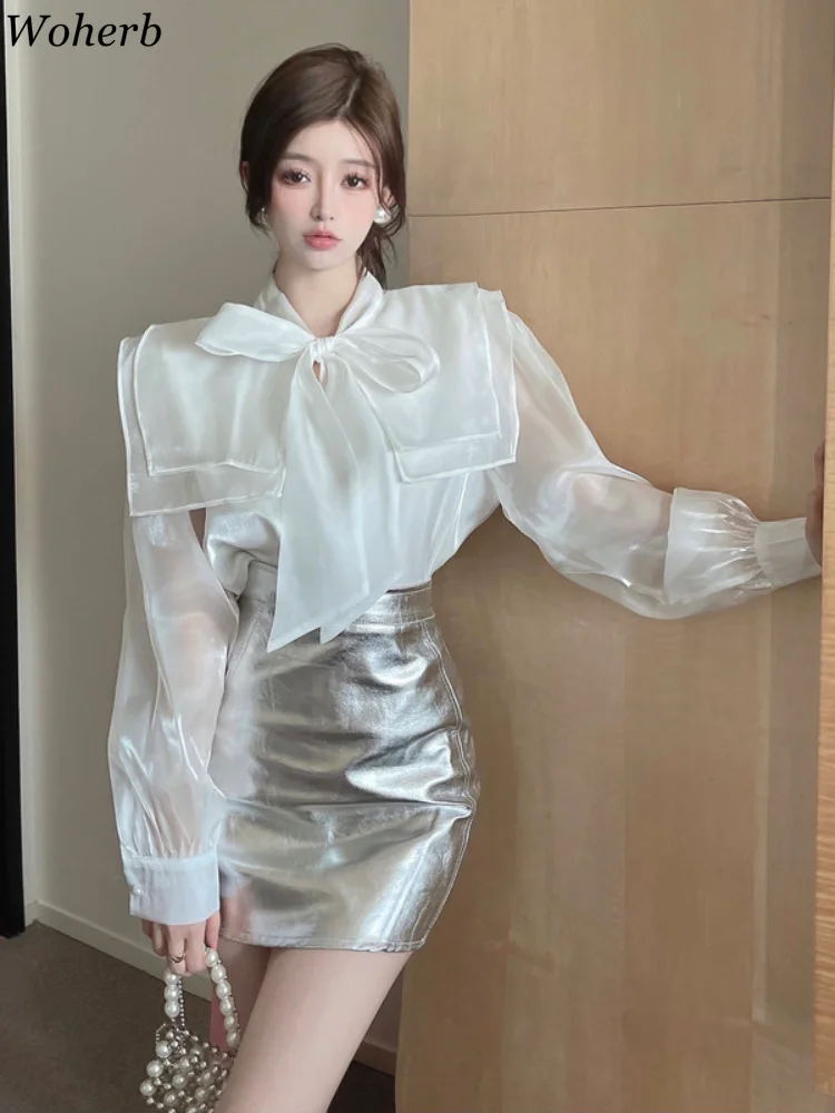 Vintage Blouse for Women Temperament Ladies Tops Bandage Bow Puff Sleeve Loose White Blouses Shirts 2024 Blusas Mujer De Moda