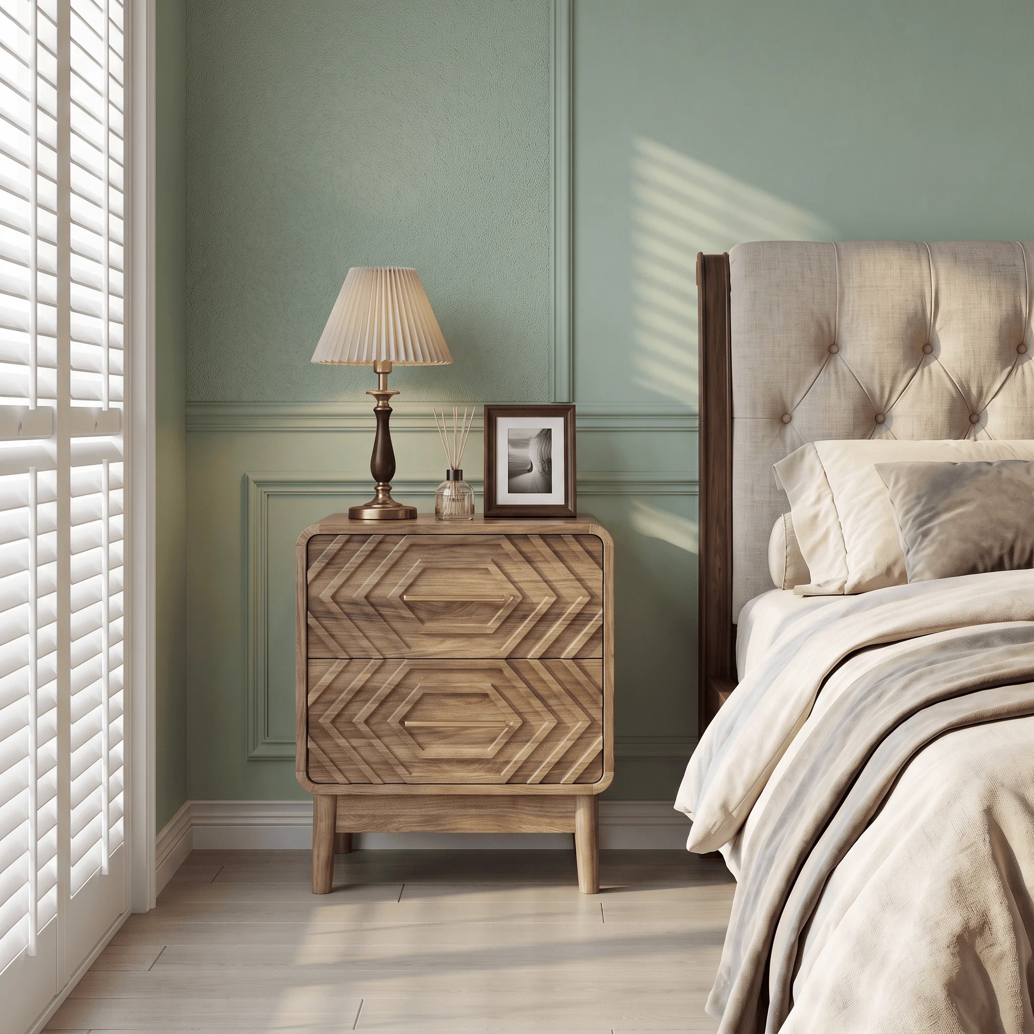 Farmhouse Nightstand with 2 Drawers, Walnut Wood Grain Bedside Table with Gold Handles, Hexagon 3D Relief End Table for Bedroom
