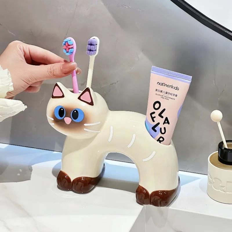 Cat Toothbrush Holder, Ceramic Toothware, Toothpaste Storage, Easy To Clean, Bathroom, Toilet Ornament, Party Moving Gift