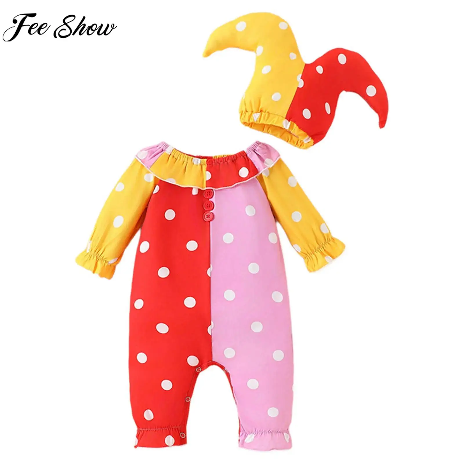 

Baby Halloween Funny Clown Cosplay Costume Long Sleeve Contrast Color Joker Romper with Hat for Carnival Theme Party Photography