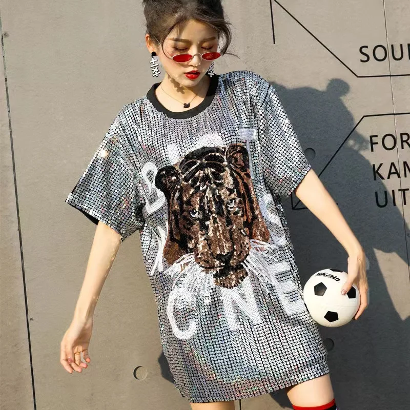 

Fashion Letter Tiger Head Sequined Short-Sleeved T-shirt Female 2024 Summer New Street Loose Short Round Neck Top Women Clothes