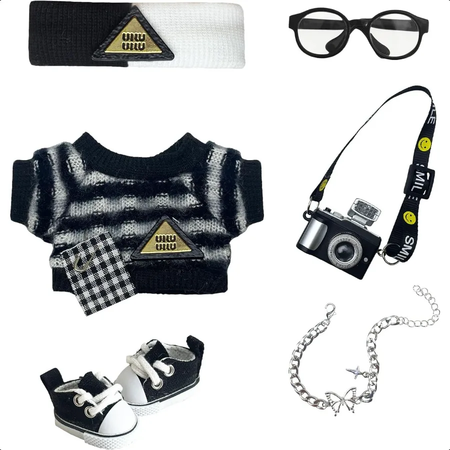 

Одежда для кукол 17 см, 6 шт., аксессуары, наряды, черные туфли, свитер, очки, повязка для волос, ожерелье с камерой, комплект одежды для брелка, без куклы