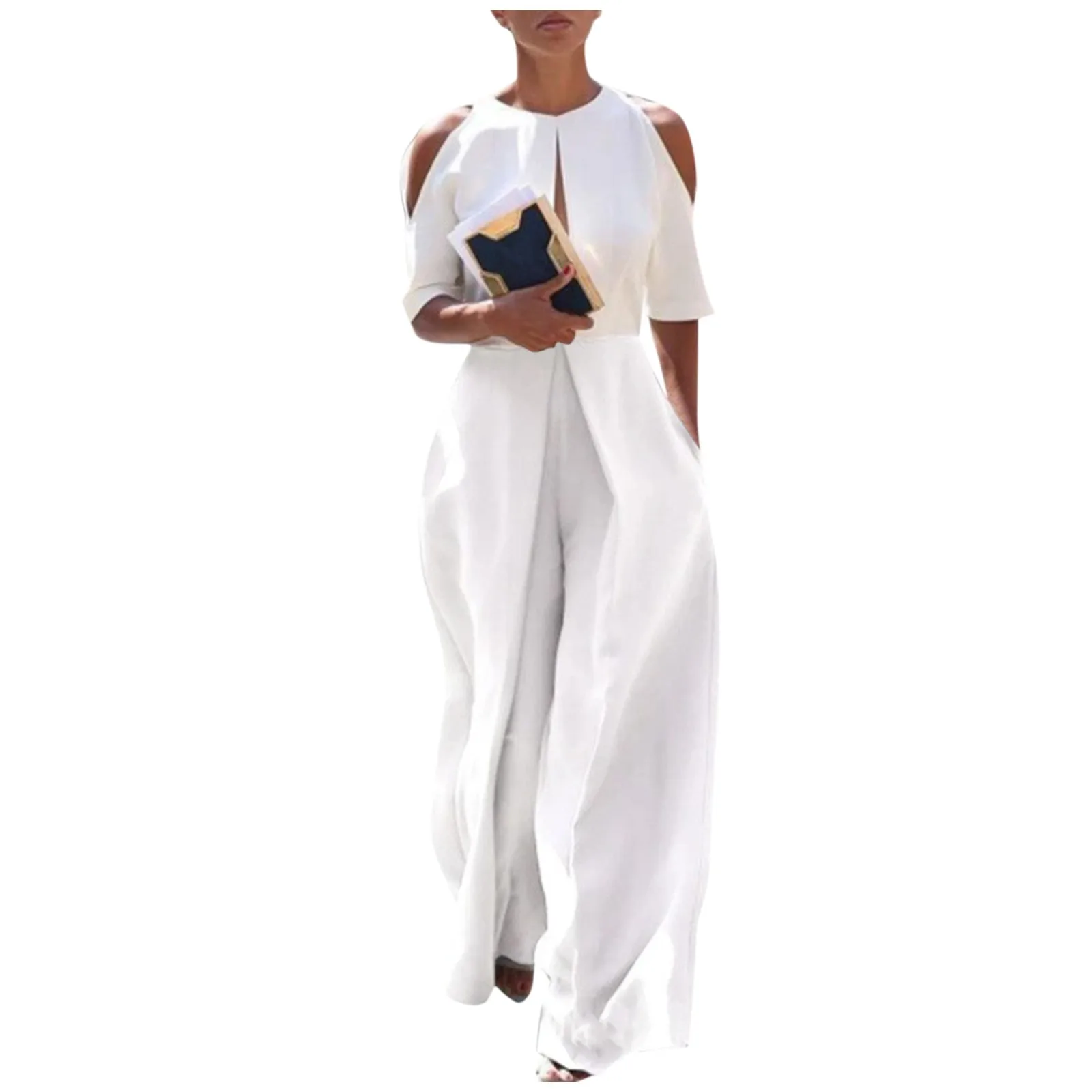 بذلات نسائية أنيقة برقبة مستديرة وأكمام قصيرة مجوفة بدون حمالة ، أزياء كاجوال فضفاضة ، مأدبة براقة