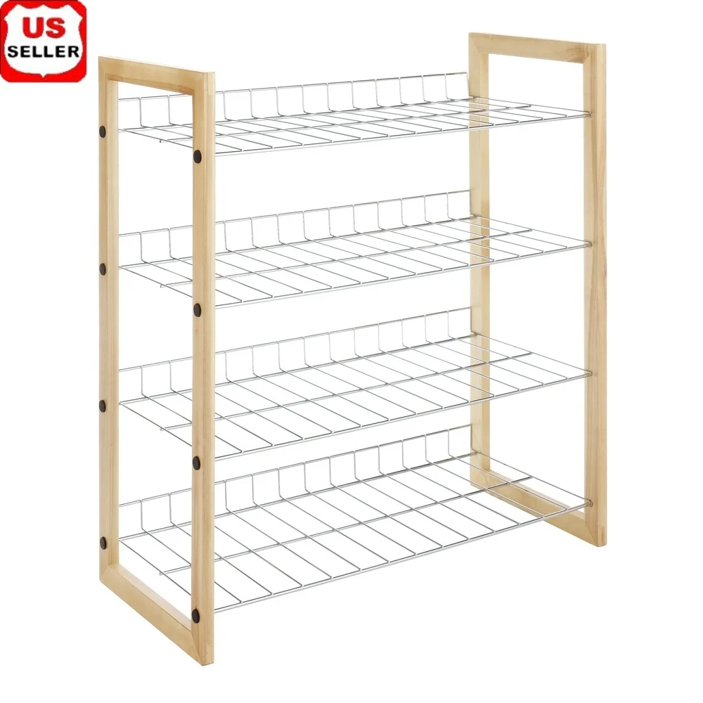 

4 Tier Closet Shelf Storage Organizer Natural Wood Chrome Stackable Shoe Rack Easy Assembly Durable Accessories Storage