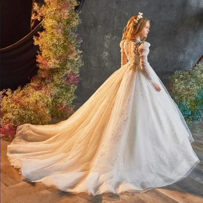 Luxury White Sequins Printing Flower Girls Dress For Wedding Party Butterfly Baptism Gowns Tulle High Neck Kids Birthday Dresses