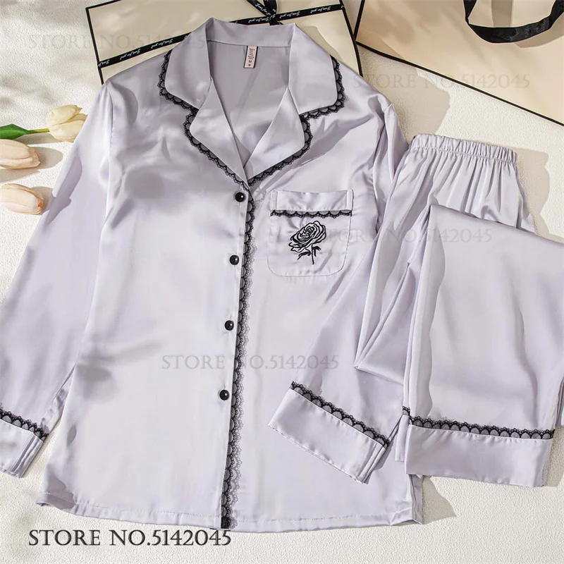 

Elegant Silk Satin Female Pajamas Night Clothes Embroidery Flower Lace Trim Sleepwear Pijamas Suit Loose Homewear Loungewear