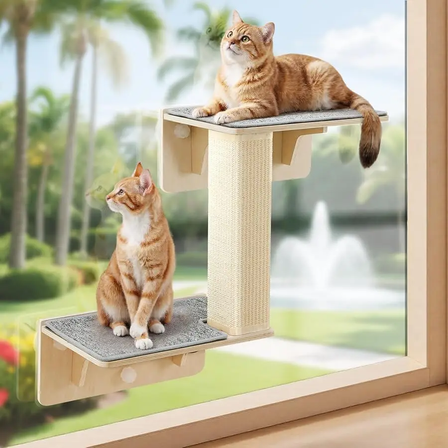 

Pecute Double Cat Shelves with Scratching Post for Wall and Window with Solid Wood, Strong Suction Cup, Washable Cover Mat, Cats