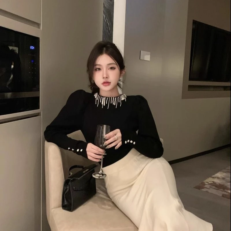 Puff Sleeve T-shirts Solid Knitted Autumn Winter Beading Ropa De Mujer Korean Fashion Sweet Retro T Shirt For Women