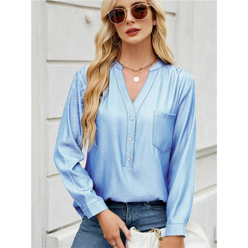 

AG-Womens V Neck Shirts Long Sleeve Collared Tops Loose Casual Tunic Blouses With Pocket