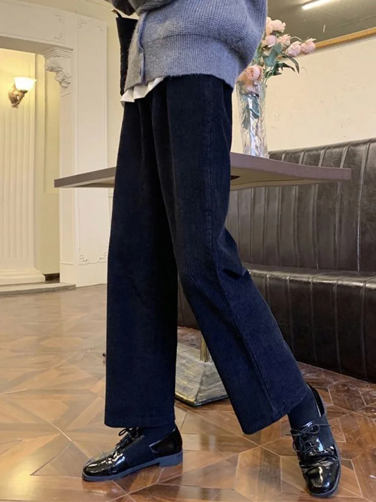 Jmprs Vintage Corduroy Pants High Waist Spring Straight Trousers Causal Pockets All Match Female Black Korean Pants