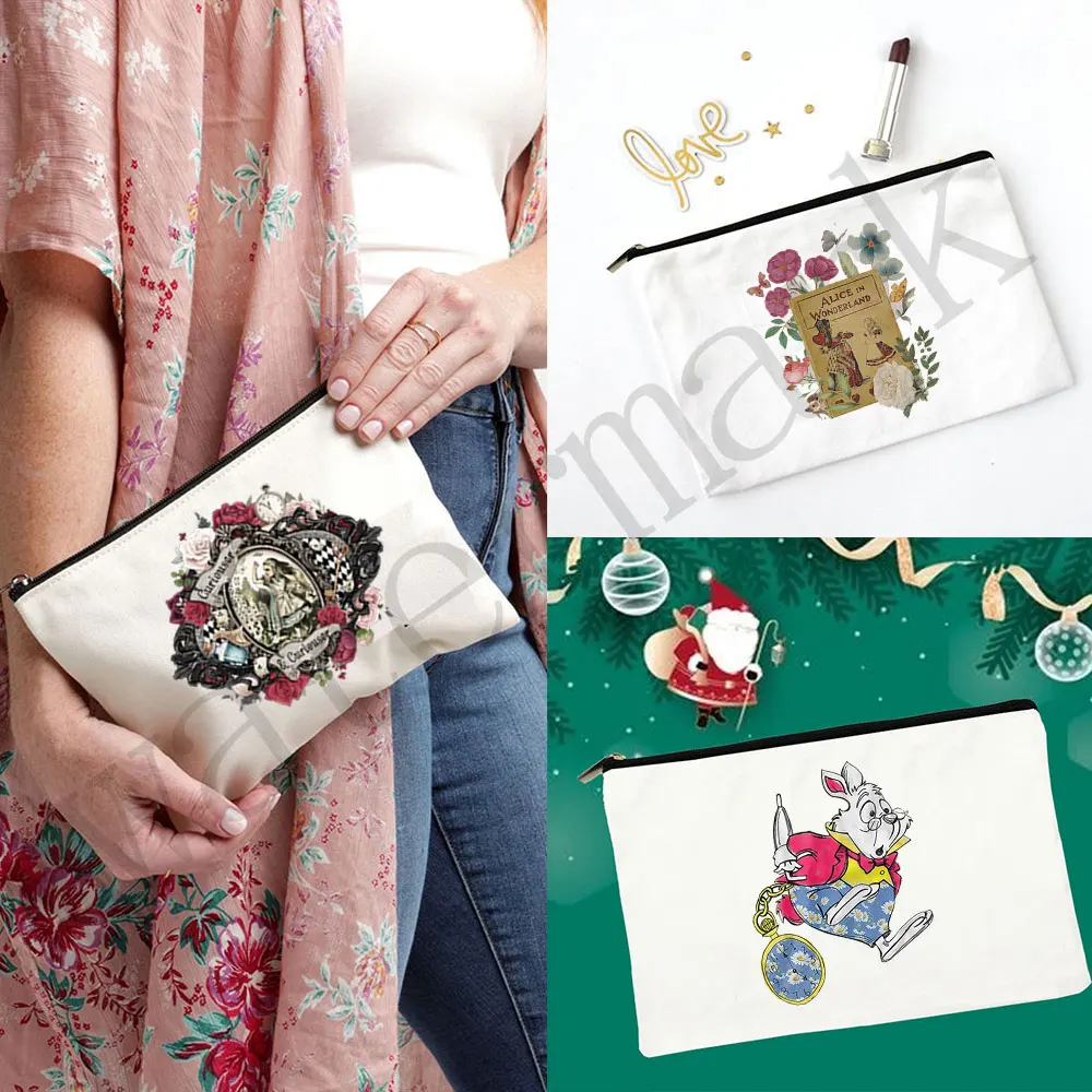 Alice no país das maravilhas impresso lápis caso compõem sacos moda feminina cosméticos organizador sacos para saco de armazenamento de viagem para senhora