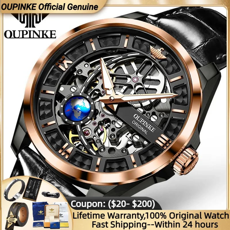 

OUPINKE 3268 Mechanical Watch for Men Leather Strap Moon Phase Waterproof Swiss Certified Automatic Watch