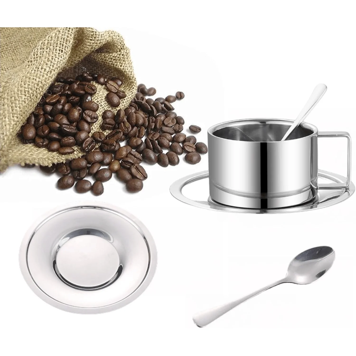 Coffee Cups Set Espresso Mugs | Stainless Steel Coffee Cup with Spoon and Saucer | Coffee Mugs Drinkware for Latte, Cappuccino,