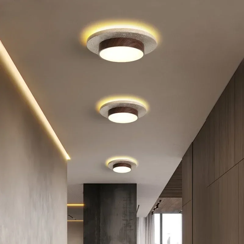 اليابانية الرجعية استدارة خشبية LED أضواء السقف دراسة مطعم فندق غرفة المعيشة الأصفر حجر الترافرتين قاعدة مصابيح معلقة