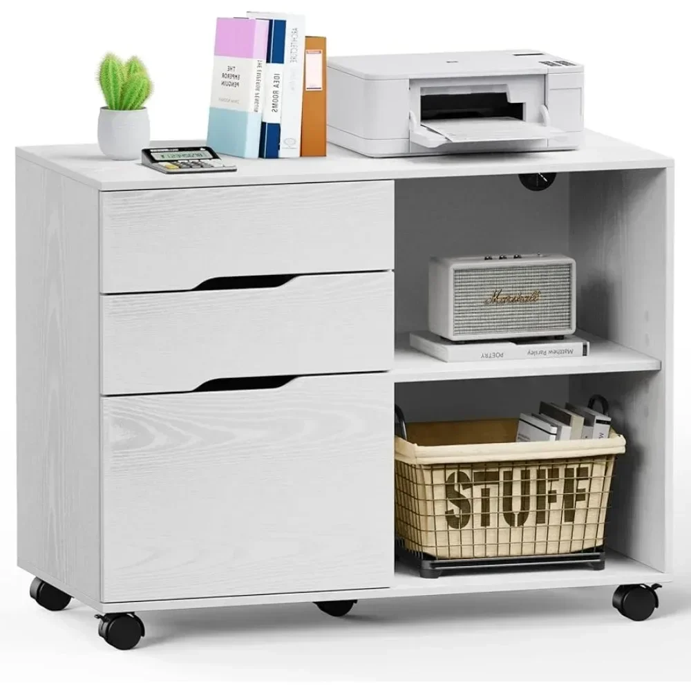 

3-Drawer File Cabinet, Lateral Mobile Filing Cabinet Wood Under Desk Storage Organizer with Wheels, Printer Stand & Open Shelves