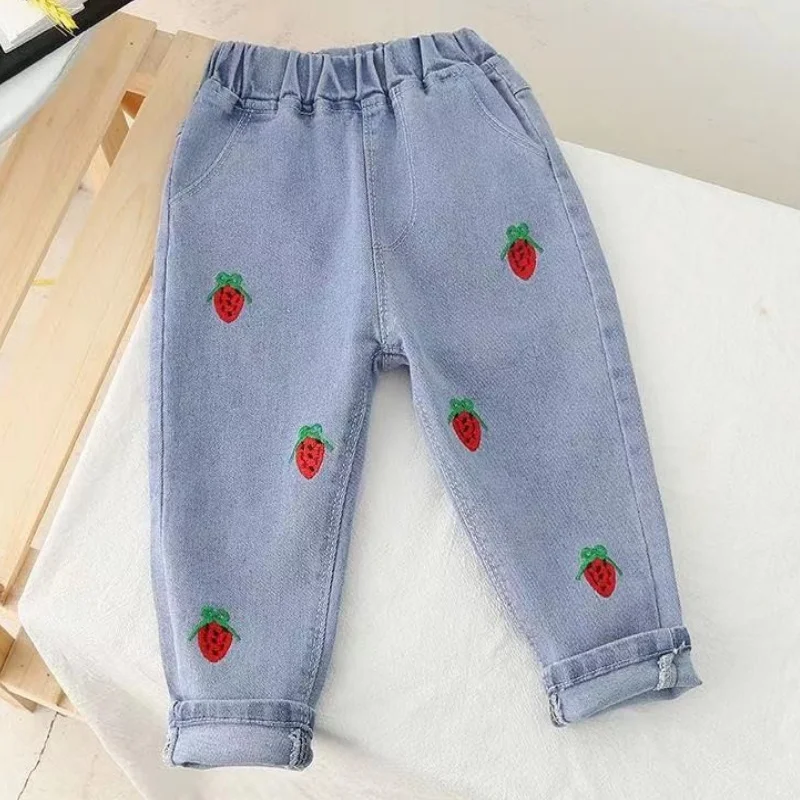 Girls Elastic Waistline Jeans Children Strawberry Rabbit Print Denim Pant Spring Autumn Trousers Kids Girl Casual Clothes 2-10 Y