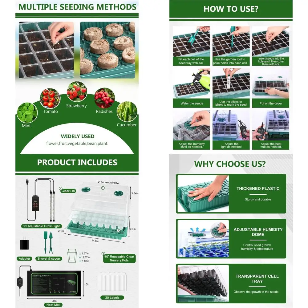 

Cell Seed Starter Kit with Grow Light and Heating Mat, Reusable Tray with Tall Domes for Plant Germination